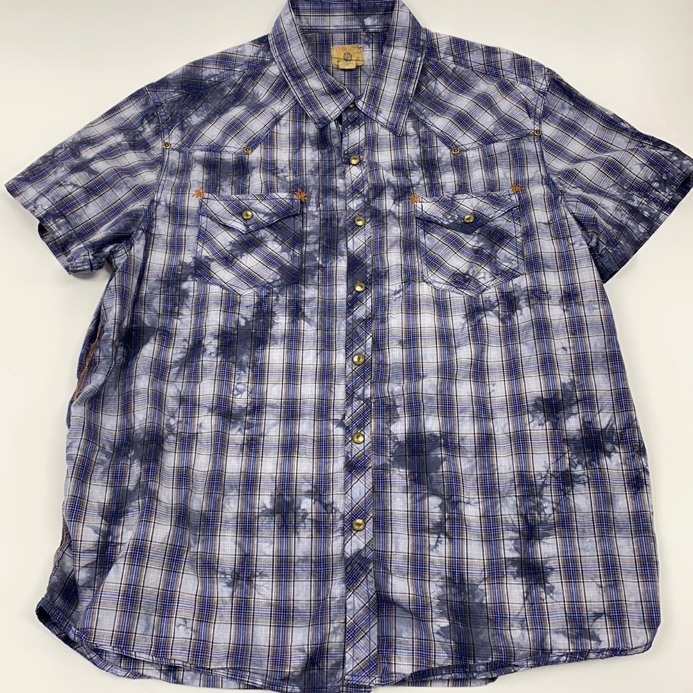 Trevero men’s Plaid tie-dye pearl snap shirt XL